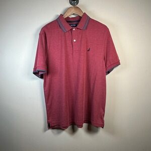 Nautica Mens Polo Shirt Size L‎ Short Sleeve Casual Red Blue Trim Golf